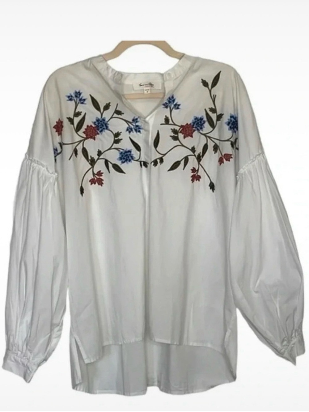 Vince Camuto White Peasant Blouse with Red & Blue Floral Embroidery 100% Cotton